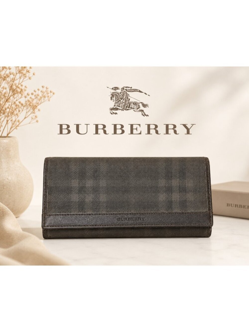Burberry Black Label Check Long Continental Wallet Leather Snap Closure Black
